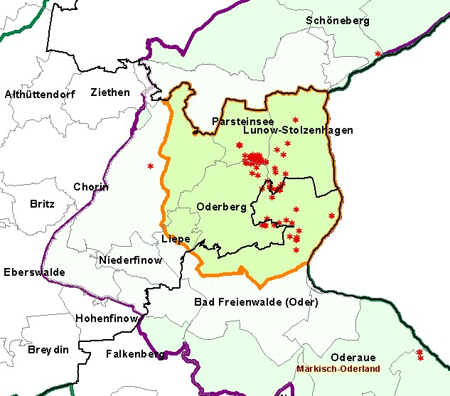 Bild: Karte Kerngebiet der Landkreise BAR und MOL (KG 7) und Sperrzone II der Landkreise UM, BAR und MOL