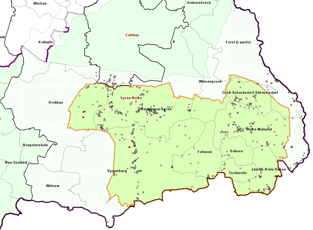 Bild: Kerngebiet 6 mit Weißer Zone und Sperrzone II des Landkreises Spree-Neiße  (Stand: 06.03.2024)