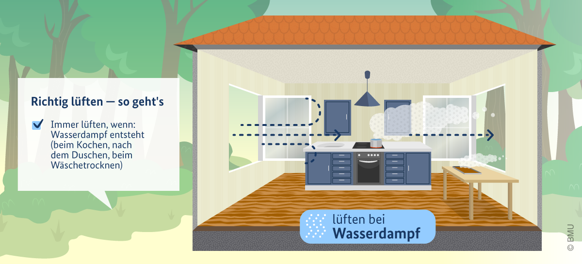 Grafik mit Informationen zum Lüften bei Feuchtigkeit in den Räumen. Dort steht: Immer lüften, wenn Wasserdampf entsteht - beim Kochen, nach dem Duschen, beim Wäschetrocknen.