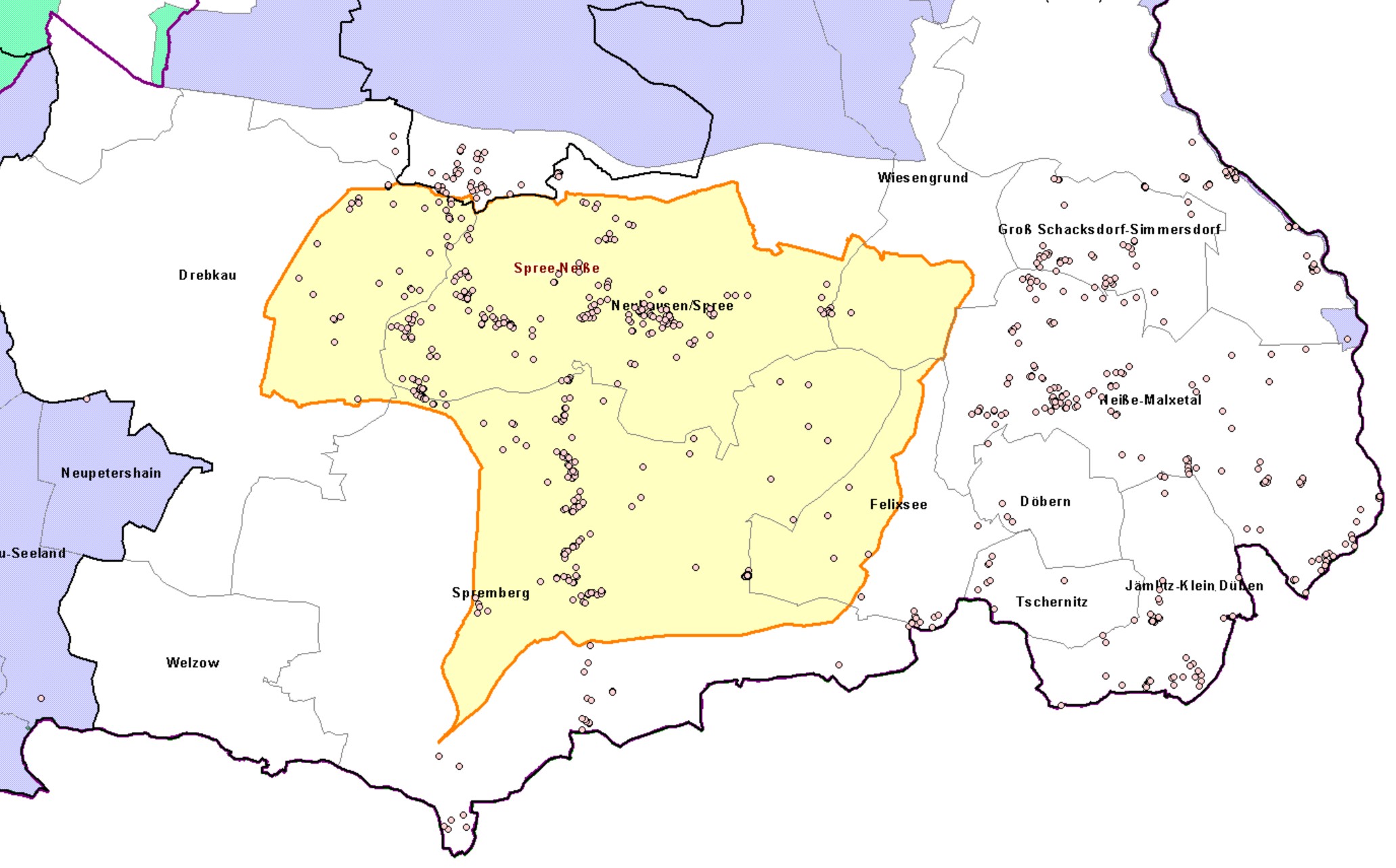 Bild: Kerngebiet 6 mit Weißer Zone und Sperrzone II des Landkreises Spree-Neiße (Stand: 9. Juli 2024)