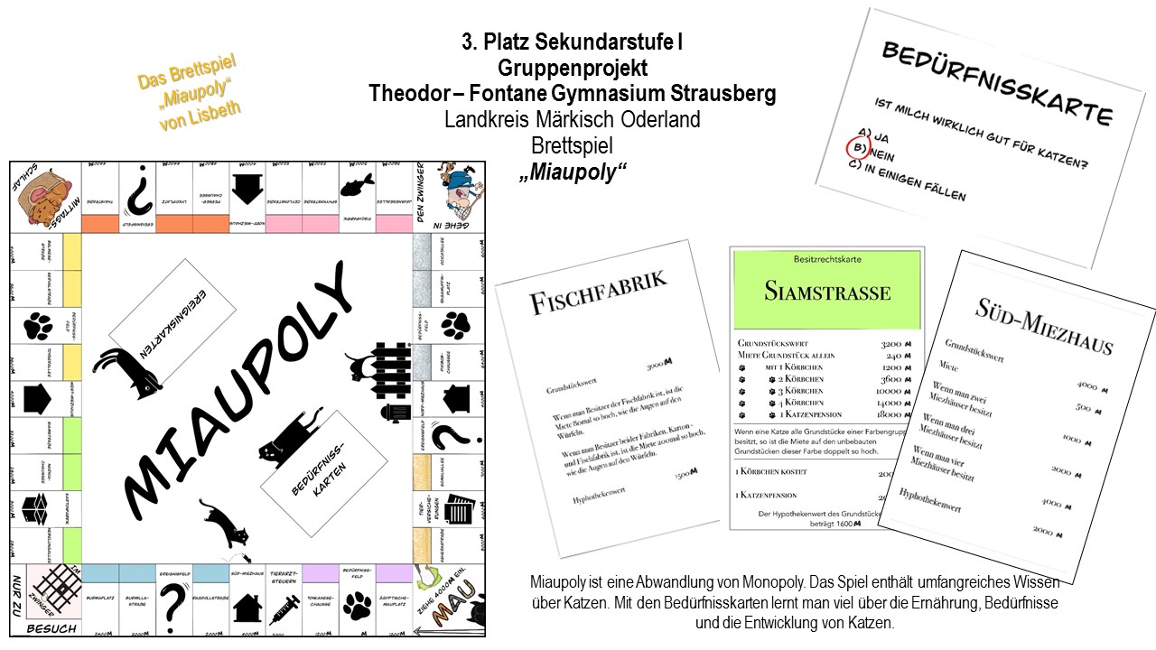 Dieses Bild zeigt den Spielplan sowie Spielzubehör des Spiels "Miaupoly", das im ersten Brandenburger Schülerwettbewerb zum Thema Tierschutz den drittten Preis in der Kategorie Sekundarstufe I gewonnen hat.