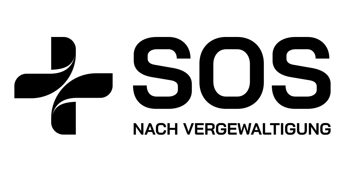 Auf dem Logo steht neben einem stilisierten Kreuz der Schriftzug SOS nach Vergewaltigung.