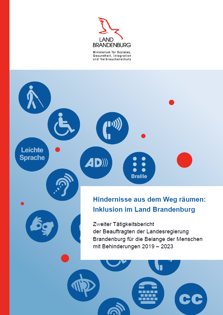 Titel Broschüre: Zweiter Tätigkeitsbericht der Beauftragten der Landesregierung Brandenburg für die Belange der Menschen mit Behinderungen 2019-2023