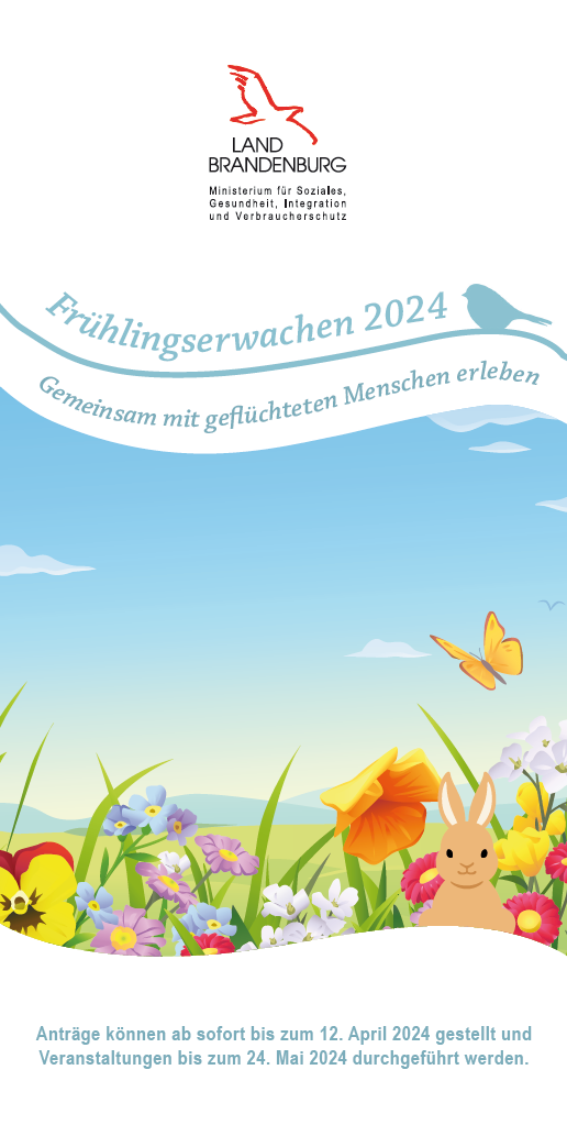 Auf dem Flyer ist stilisiert eine Frühlingslandschaft in Pastellfarben dargestellt.